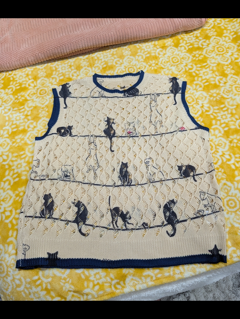 Sleeveless Cream Knit Tank with Black Cat Motif And Detailing